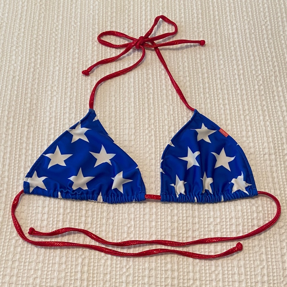 Doll patriotic stars and red shimmer strap triangle, adjustable bikini top, XL